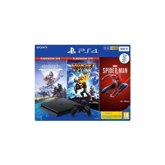 Console Sony PS4 500Go Noire + Jeu Marvel’s Spiderman + Jeu Horizon Zero Draw + Jeu Rachet & Clank Tunisie