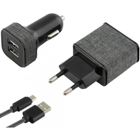 Chargeur Ksix Secteur 2.4A + Chargeur Allume Cigare 2.1A + Cable Usb Vers Micro Usb -BXCRDUT01