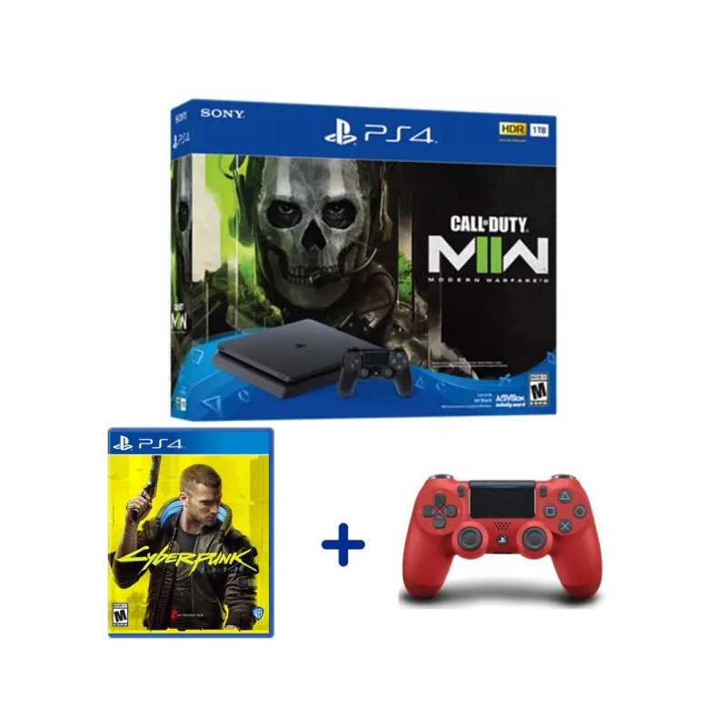 console-ps4-1to-call-of-dutty-modern-warfare-ii-bundle-manette-ps4-rouge-jeux-cyber-punk