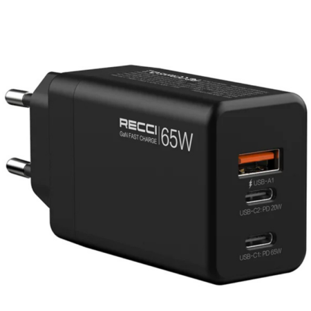 Chargeur Recci USB-A et 2x USB-C 65W – Noir- RC56E Tunisie