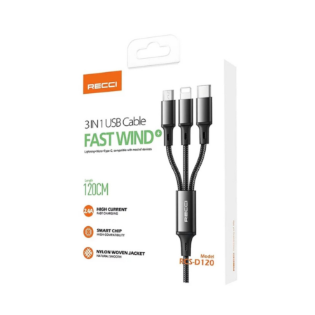 Cable Recci RCS-D120 3 In 1 Lightning + Micro + Type-C -Noir -RCS-D120 Tunisie